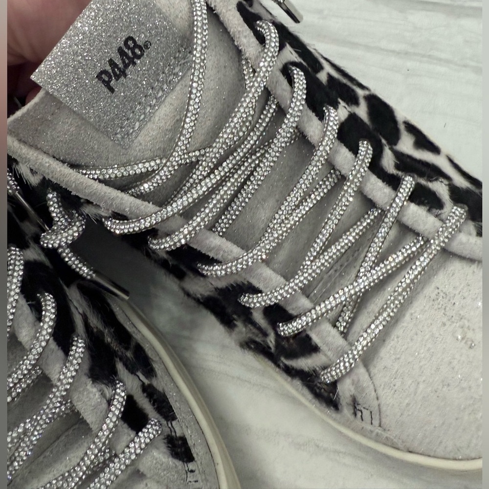 P448 Animal Print Fur Lined Tennis Shoes with Rhinestone Laces - Picture 8 of 13